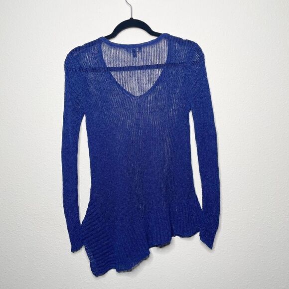 Eileen Fisher Blue Open Knit Linen Blend Asymmetrical Long Sleeve Top Size XS - Picture 5 of 8